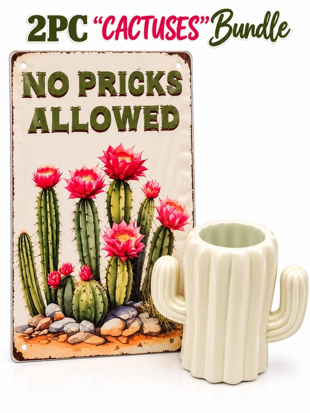 No Pricks Allowed Cactus Sign & Cream Cactus Planter Bundle